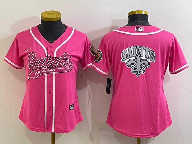 Women%27s New Orleans Saints Pink Team Big Logo With Patch Cool Base Stitched Baseball Jersey->women nfl jersey->Women Jersey